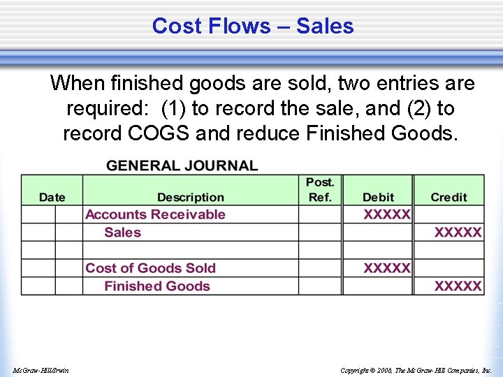 Cost Flows – Sales When finished goods are sold, two entries are required: (1)