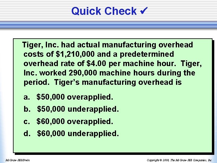 Quick Check Tiger, Inc. had actual manufacturing overhead costs of $1, 210, 000 and