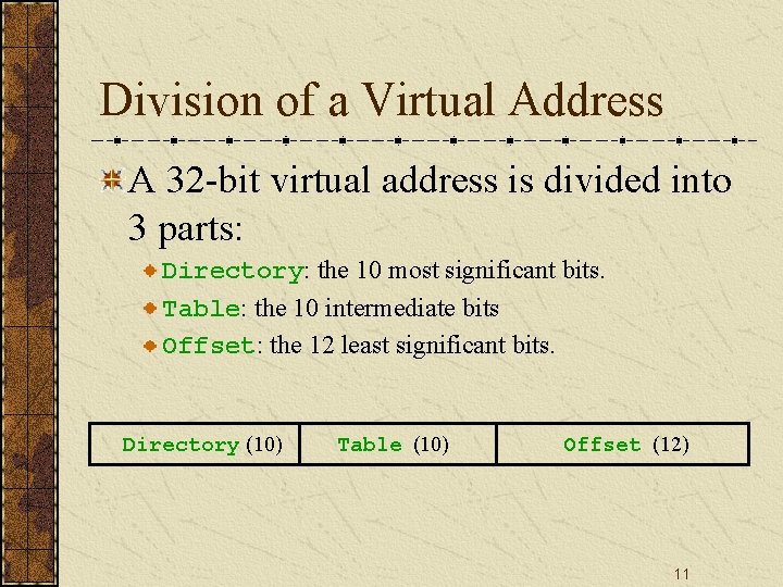 Division of a Virtual Address A 32 -bit virtual address is divided into 3