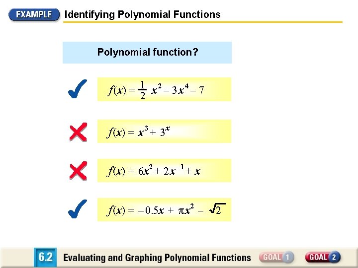 Identifying Polynomial Functions Polynomial function? f (x) = 12 x 2 – 3 x