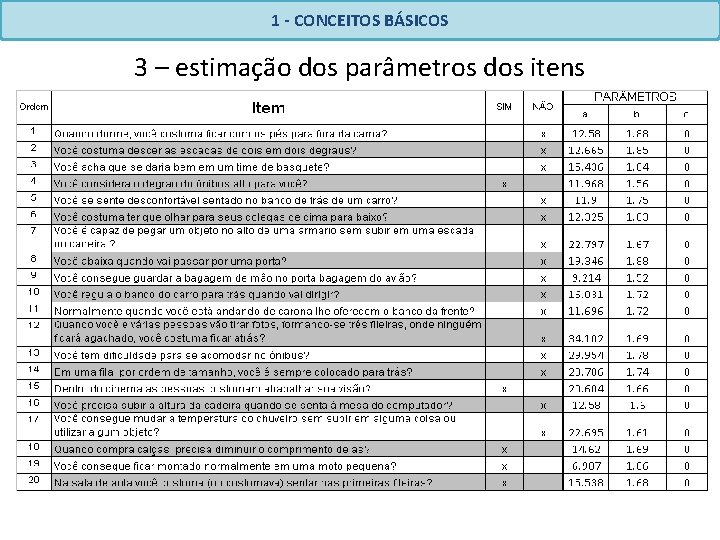 1 - CONCEITOS BÁSICOS 3 – estimação dos parâmetros dos itens 