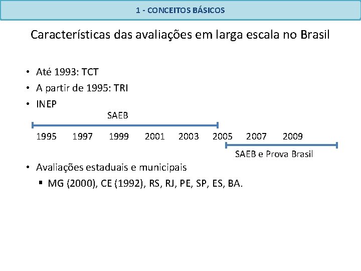 1 - CONCEITOS BÁSICOS Características das avaliações em larga escala no Brasil • Até