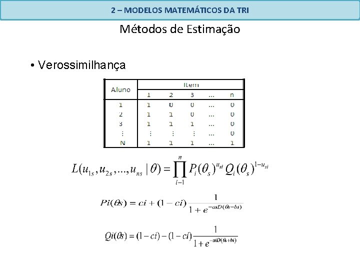 2 – MODELOS MATEMÁTICOS DA TRI Métodos de Estimação • Verossimilhança 