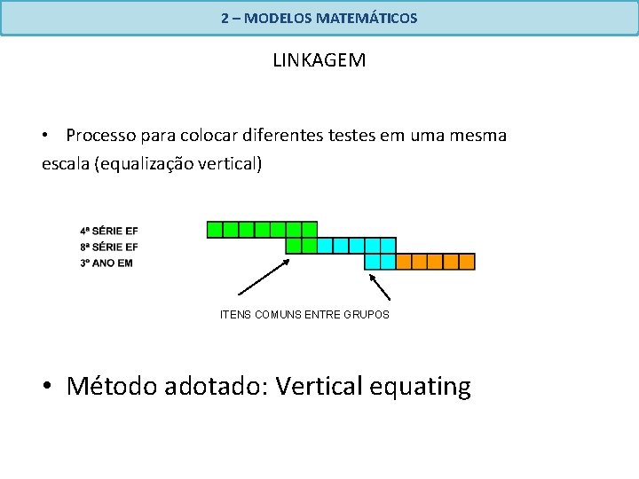 2 – MODELOS MATEMÁTICOS LINKAGEM • Processo para colocar diferentes testes em uma mesma