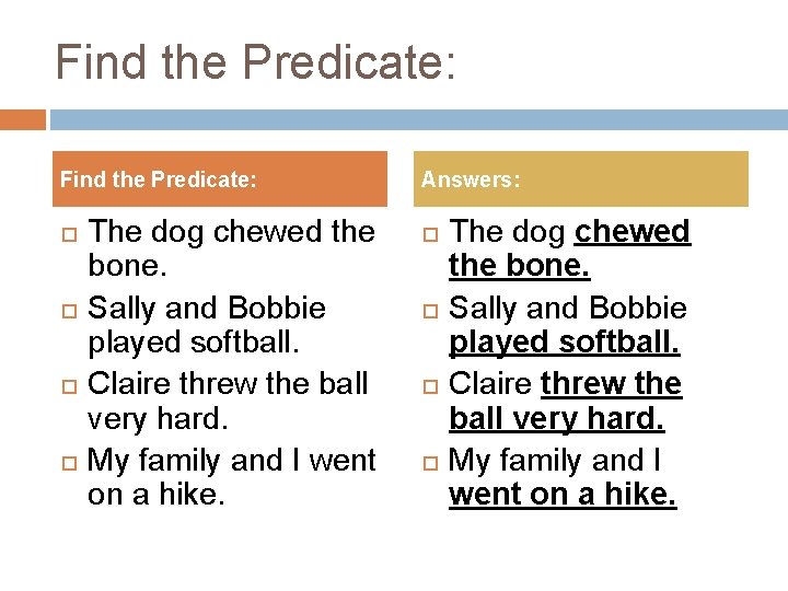 Find the Predicate: The dog chewed the bone. Sally and Bobbie played softball. Claire