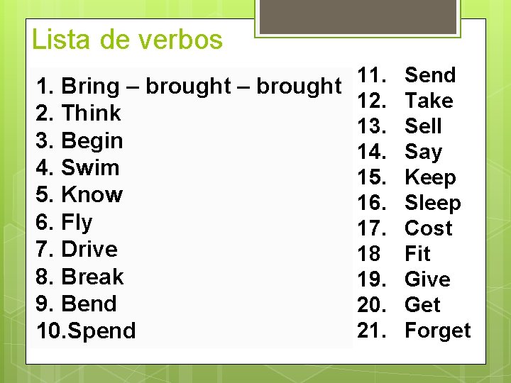 Lista de verbos 11. 1. Bring – brought 12. 2. Think 13. 3. Begin