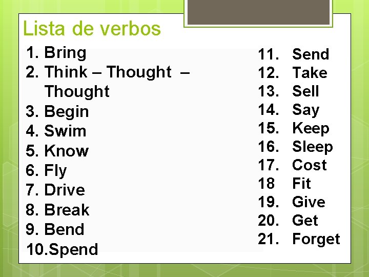 Lista de verbos 1. Bring 2. Think – Thought 3. Begin 4. Swim 5.
