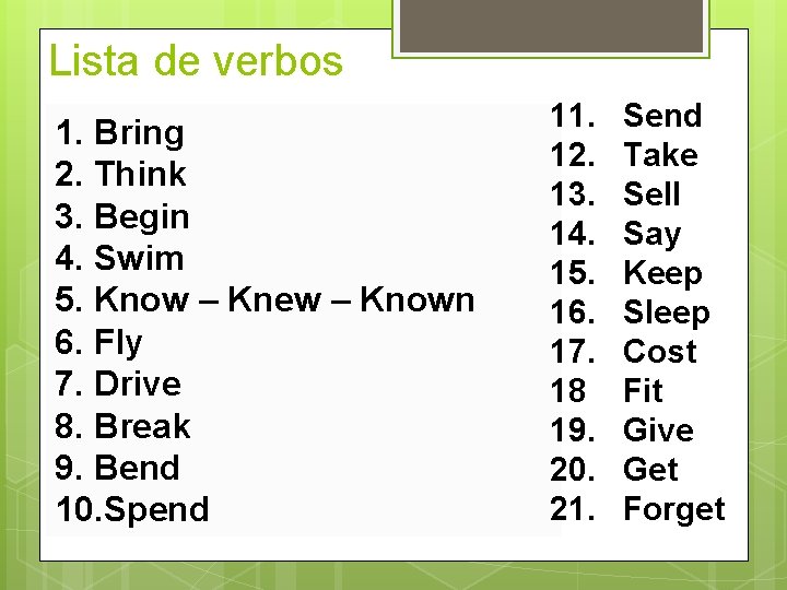 Lista de verbos 1. Bring 2. Think 3. Begin 4. Swim 5. Know –