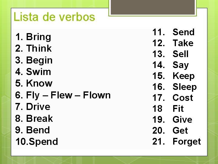 Lista de verbos 1. Bring 2. Think 3. Begin 4. Swim 5. Know 6.