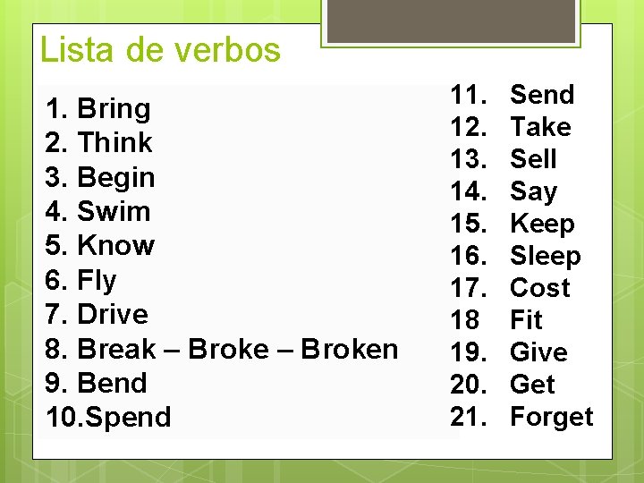 Lista de verbos 1. Bring 2. Think 3. Begin 4. Swim 5. Know 6.