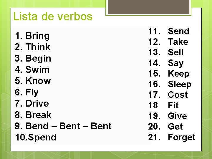 Lista de verbos 1. Bring 2. Think 3. Begin 4. Swim 5. Know 6.