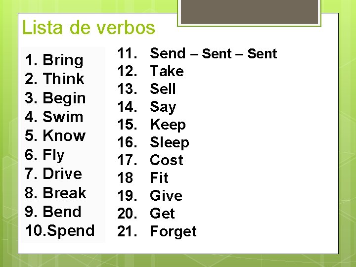 Lista de verbos 1. Bring 2. Think 3. Begin 4. Swim 5. Know 6.