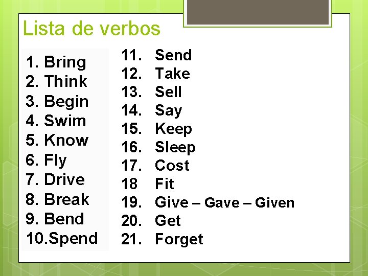 Lista de verbos 1. Bring 2. Think 3. Begin 4. Swim 5. Know 6.