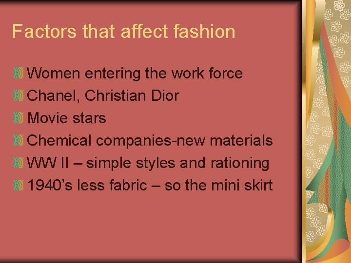Factors that affect fashion Women entering the work force Chanel, Christian Dior Movie stars