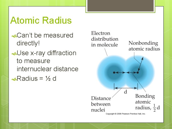 Atomic Radius Can’t be measured directly! Use x-ray diffraction to measure internuclear distance Radius Atomic Radius Can’t be measured directly! Use x-ray diffraction to measure internuclear distance Radius