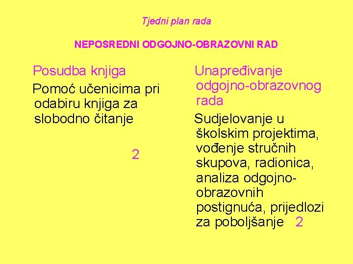 Tjedni plan rada NEPOSREDNI ODGOJNO-OBRAZOVNI RAD Posudba knjiga Pomoć učenicima pri odabiru knjiga za