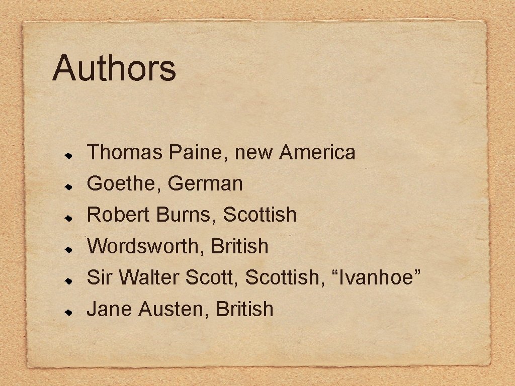 Authors Thomas Paine, new America Goethe, German Robert Burns, Scottish Wordsworth, British Sir Walter