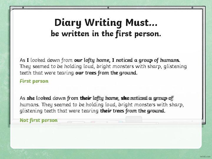 Diary Writing Must… be written in the first person. As I looked down from