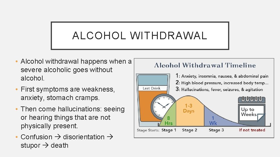 ALCOHOL WITHDRAWAL • Alcohol withdrawal happens when a severe alcoholic goes without alcohol. •