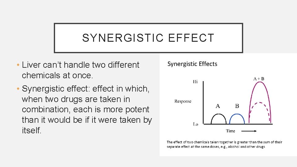 SYNERGISTIC EFFECT • Liver can’t handle two different chemicals at once. • Synergistic effect: