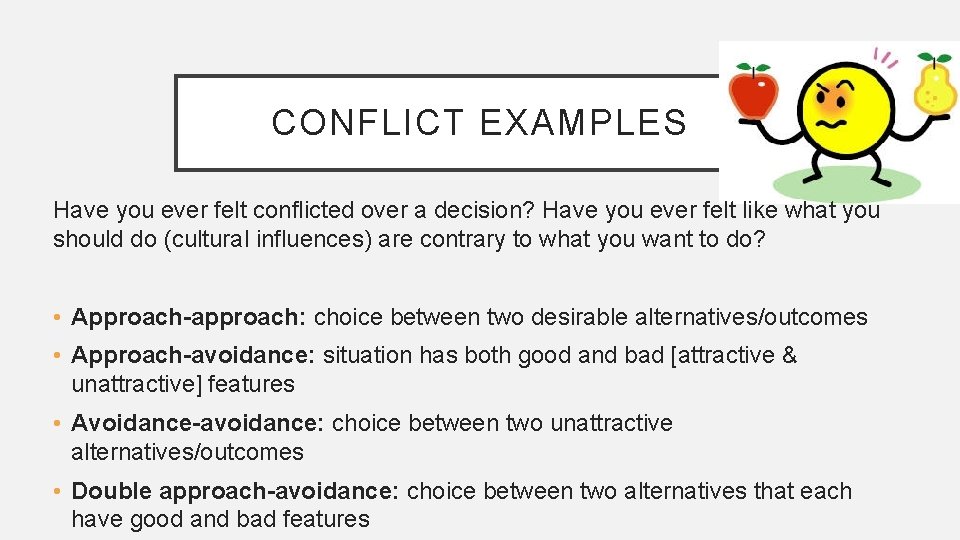 CONFLICT EXAMPLES Have you ever felt conflicted over a decision? Have you ever felt