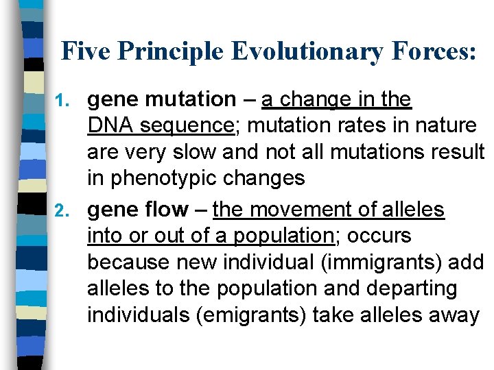 Five Principle Evolutionary Forces: gene mutation – a change in the DNA sequence; mutation