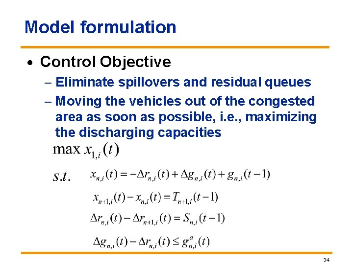 Model formulation · Control Objective – Eliminate spillovers and residual queues – Moving the Model formulation · Control Objective – Eliminate spillovers and residual queues – Moving the