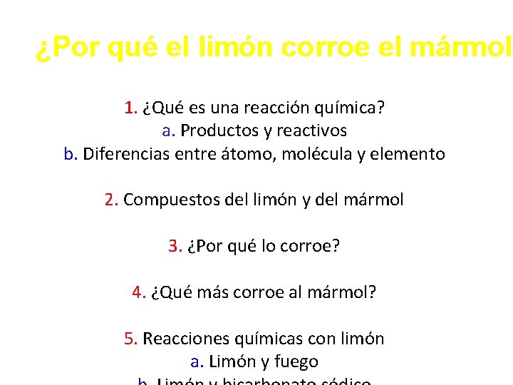 ¿Por qué el limón corroe el mármol? 1. ¿Qué es una reacción química? a.