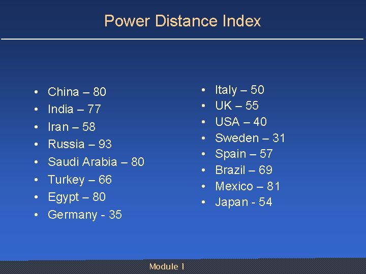 Power Distance Index • • • • China – 80 India – 77 Iran