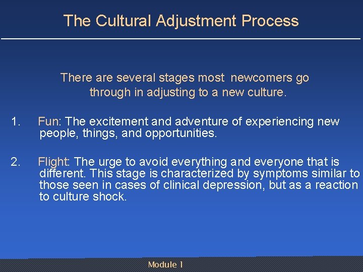 The Cultural Adjustment Process There are several stages most newcomers go through in adjusting