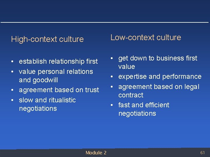 High context culture Low context culture • establish relationship first • value personal relations