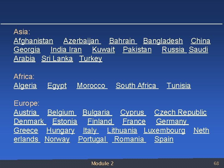 Asia: Afghanistan Azerbaijan Bahrain Bangladesh China Georgia India Iran Kuwait Pakistan Russia Saudi Arabia