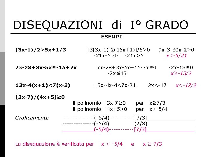 DISEQUAZIONI di I° GRADO ESEMPI (3 x-1)/2>5 x+1/3 [3(3 x-1)-2(15 x+1)]/6>0 -21 x-5>0 -21