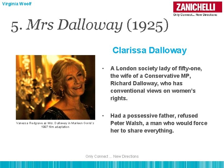 Virginia Woolf 5. Mrs Dalloway (1925) Clarissa Dalloway Vanessa Redgrave as Mrs. Dalloway in