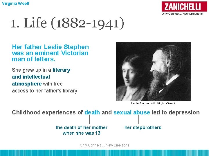Virginia Woolf 1. Life (1882 -1941) Her father Leslie Stephen was an eminent Victorian