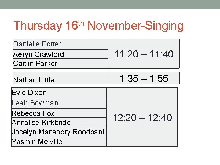 Thursday 16 th November-Singing Danielle Potter Aeryn Crawford Caitlin Parker Nathan Little Evie Dixon