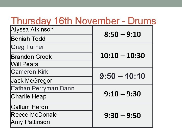 Thursday 16 th November - Drums Alyssa Atkinson Beniah Todd Greg Turner Brandon Crook