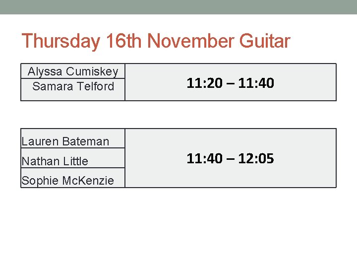 Thursday 16 th November Guitar Alyssa Cumiskey Samara Telford 11: 20 – 11: 40