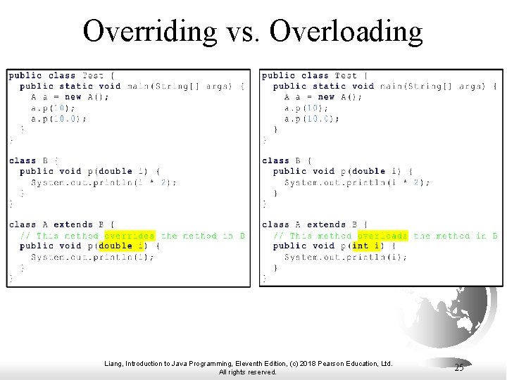 Overriding vs. Overloading Liang, Introduction to Java Programming, Eleventh Edition, (c) 2018 Pearson Education,
