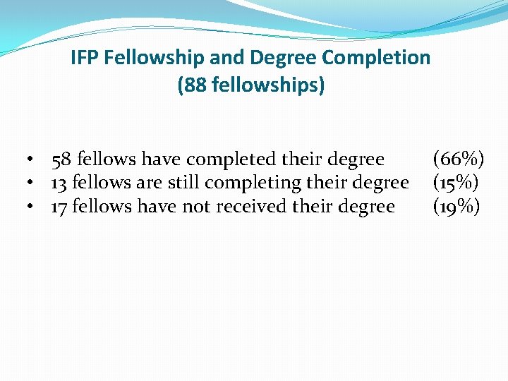 IFP Fellowship and Degree Completion (88 fellowships) • 58 fellows have completed their degree