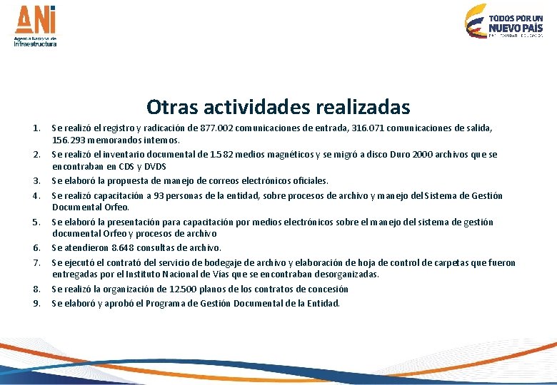 Otras actividades realizadas 1. 2. 3. 4. 5. 6. 7. 8. 9. Se realizó