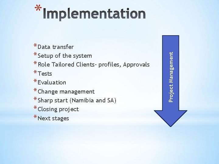 * Data transfer * Setup of the system * Role Tailored Clients- profiles, Approvals