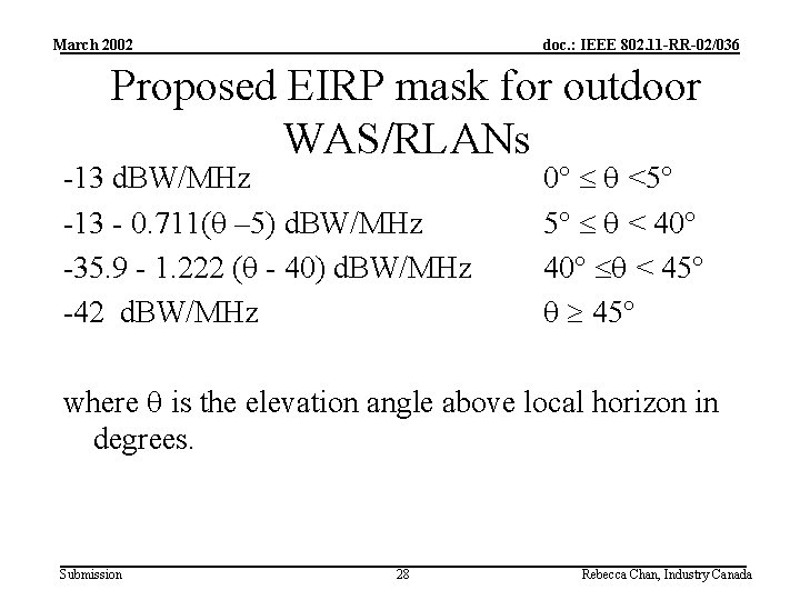 March 2002 doc. : IEEE 802. 11 -RR-02/036 Proposed EIRP mask for outdoor WAS/RLANs