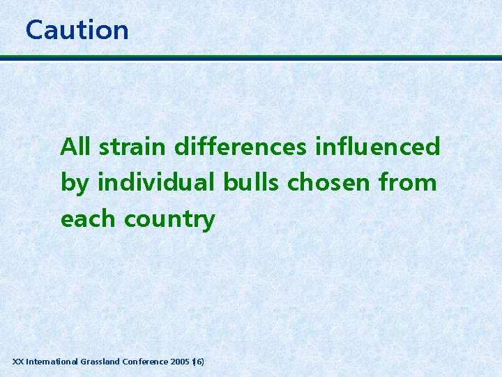 Caution All strain differences influenced by individual bulls chosen from each country XX International