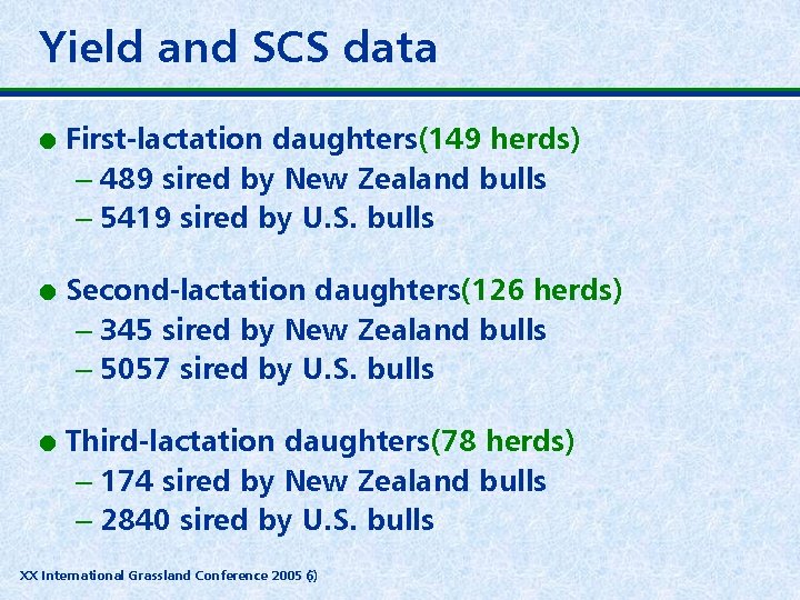 Yield and SCS data l l l First-lactation daughters(149 herds) – 489 sired by