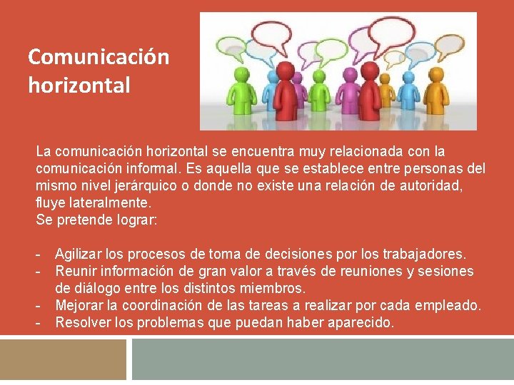 Comunicación horizontal La comunicación horizontal se encuentra muy relacionada con la comunicación informal. Es