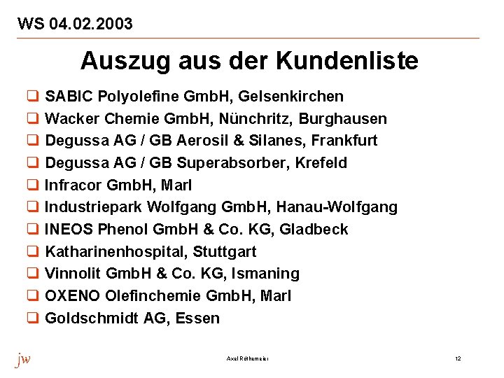 WS 04. 02. 2003 Auszug aus der Kundenliste q q q jw SABIC Polyolefine