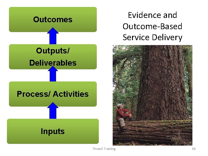 Evidence and Outcome-Based Service Delivery Outcomes Outputs/ Deliverables Process/ Activities Inputs Three E Training