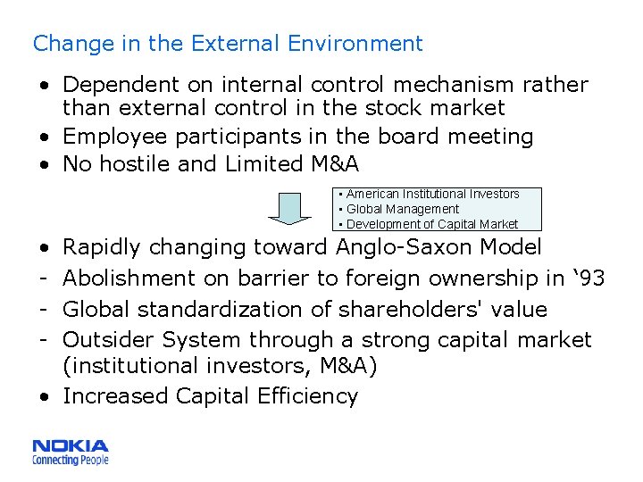 Change in the External Environment • Dependent on internal control mechanism rather than external