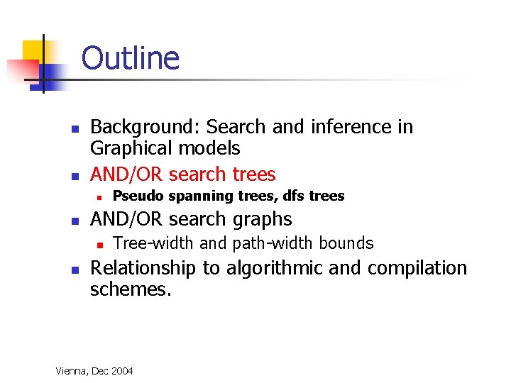 Outline n n Background: Search and inference in Graphical models AND/OR search trees n